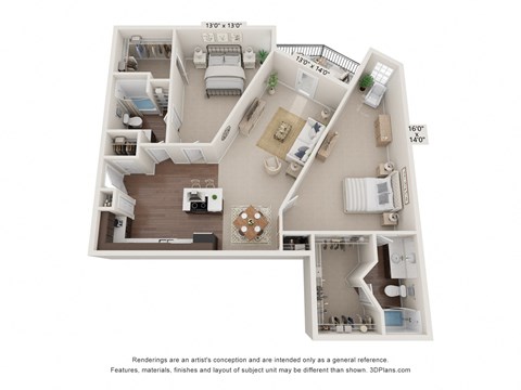 a stylized floor plan is shown with a bedroom and living room